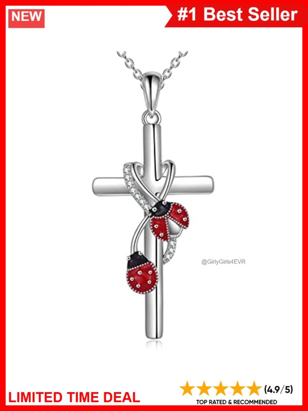 925 Sterling Silver Cross Pendant Necklace Ladybug Rolo Chain Adjustable